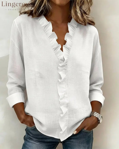 Ruffle V-Neck Long-Sleeve Blouse - White / S