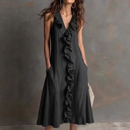 🌿 Ruffle V-Neck Sleeveless Midi Dress