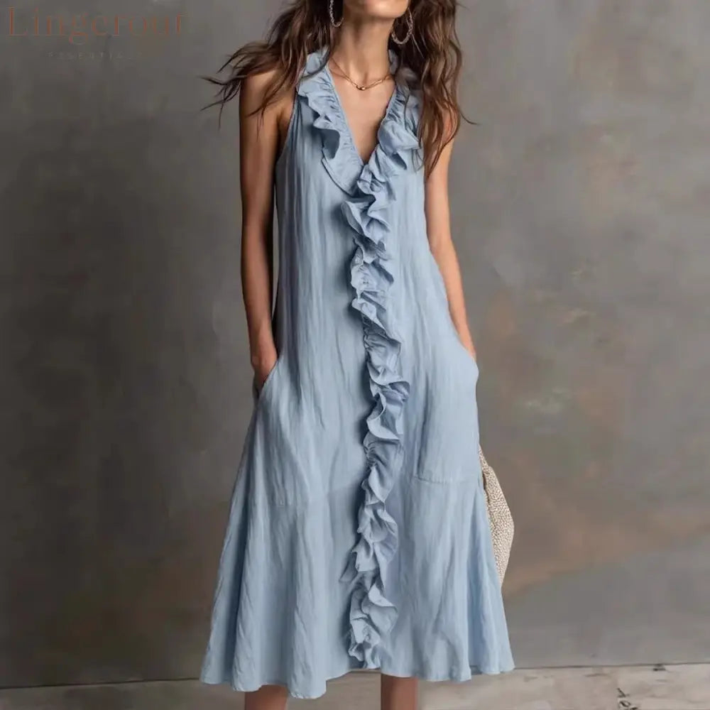 🌿 Ruffle V-Neck Sleeveless Midi Dress