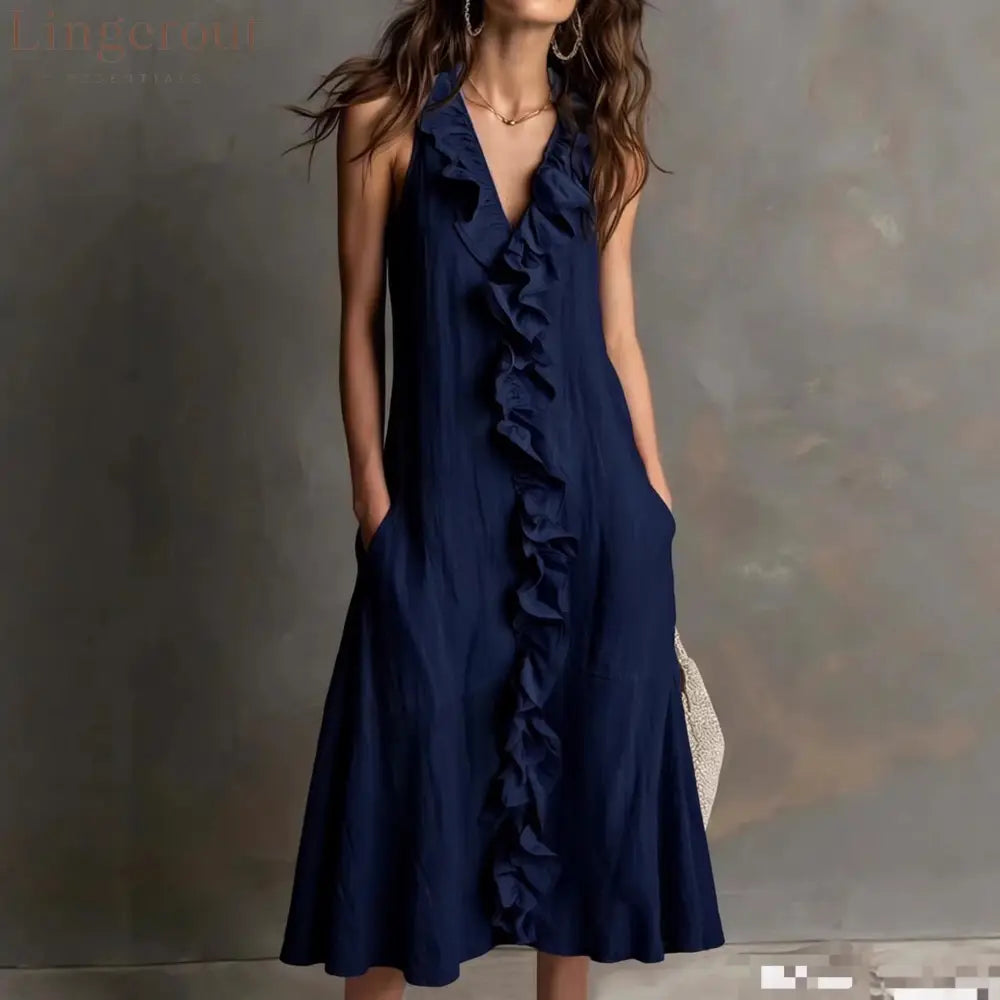 🌿 Ruffle V-Neck Sleeveless Midi Dress
