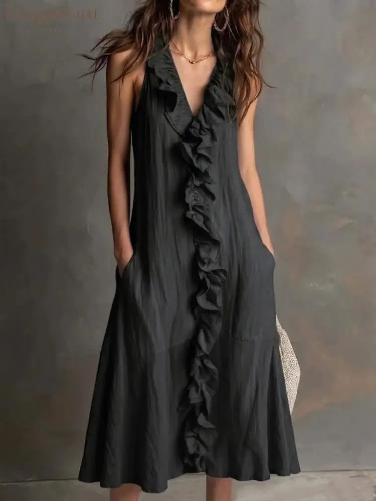 🌿 Ruffle V-Neck Sleeveless Midi Dress - Black / S