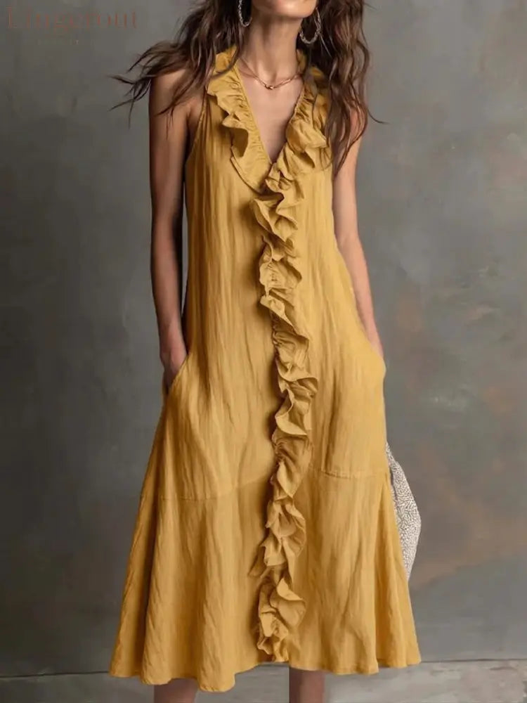 🌿 Ruffle V-Neck Sleeveless Midi Dress - Yellow / S