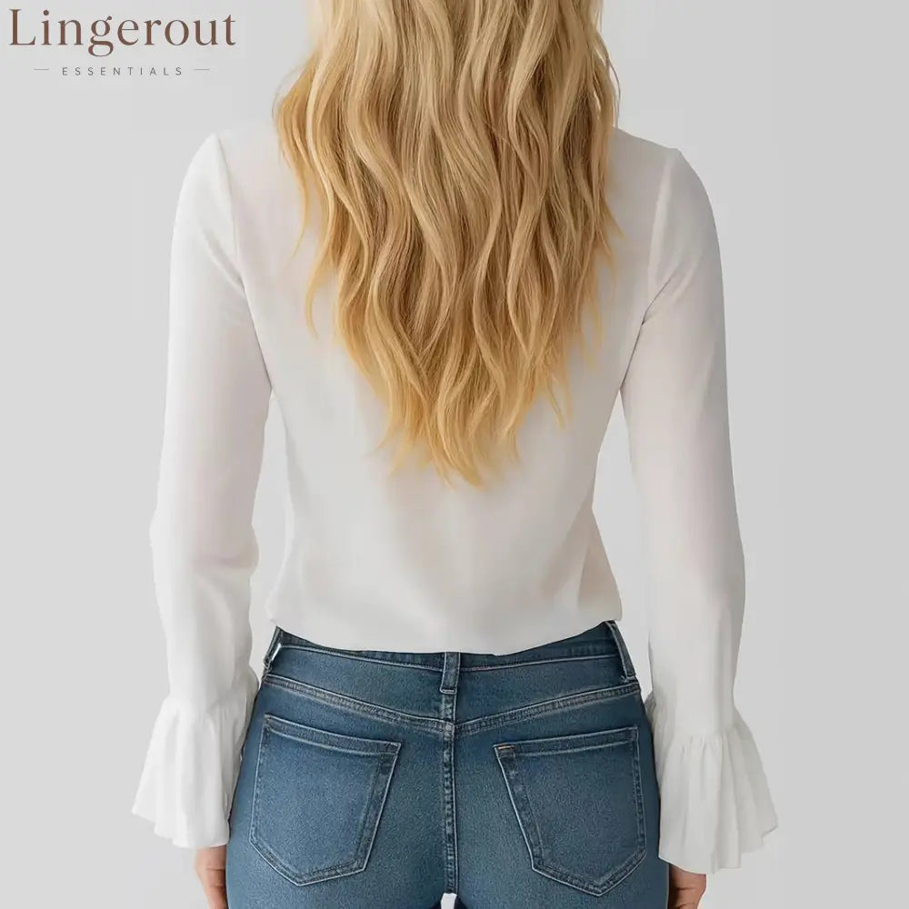 Ruffle V Neck Tie Front Flared Long Sleeve Slim Chiffon Blouse