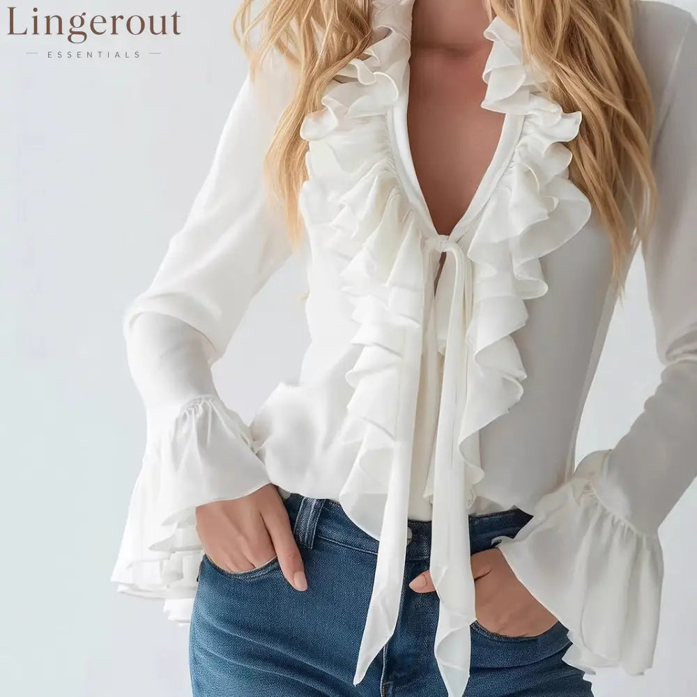 Ruffle V Neck Tie Front Flared Long Sleeve Slim Chiffon Blouse