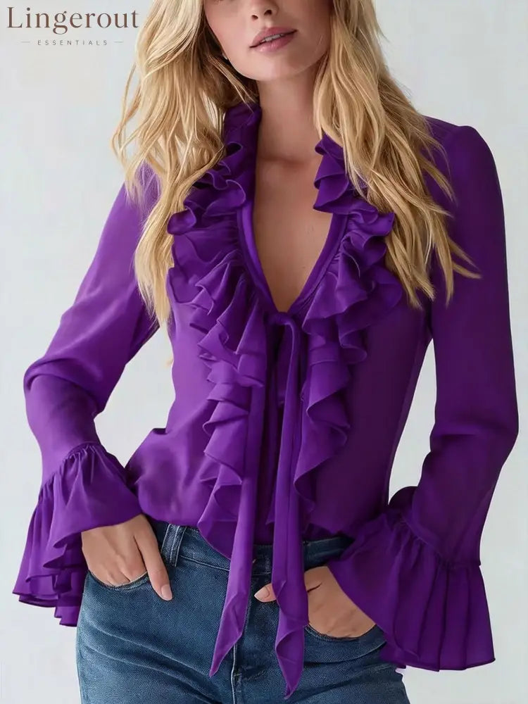 Ruffle V Neck Tie Front Flared Long Sleeve Slim Chiffon Blouse - Purple / S