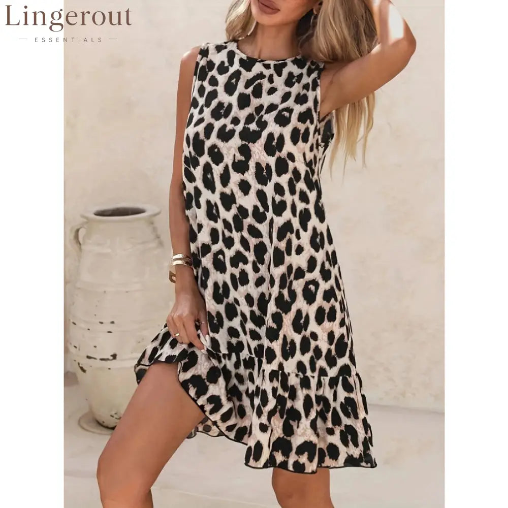 Ruffled Hem Leopard Sleeveless Dress