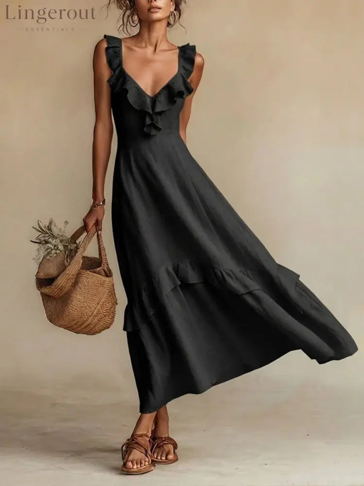 Ruffled Linen Blend Maxi Dress - Black / S