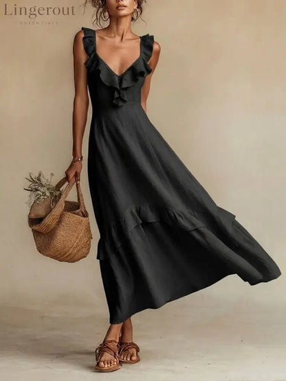 Ruffled Linen Blend Maxi Dress - Black / S
