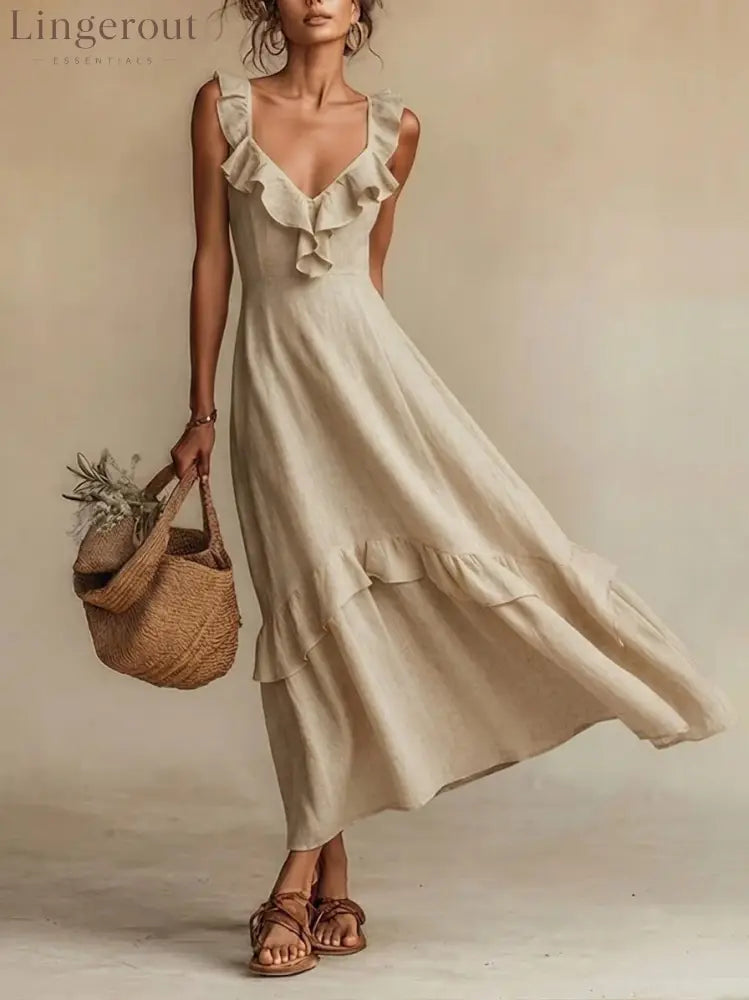Ruffled Linen Blend Maxi Dress - Khaki / S