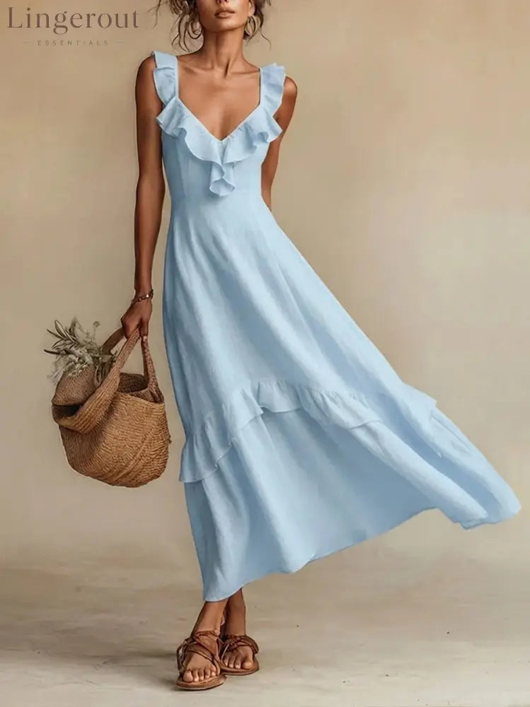 Ruffled Linen Blend Maxi Dress - Light blue / S