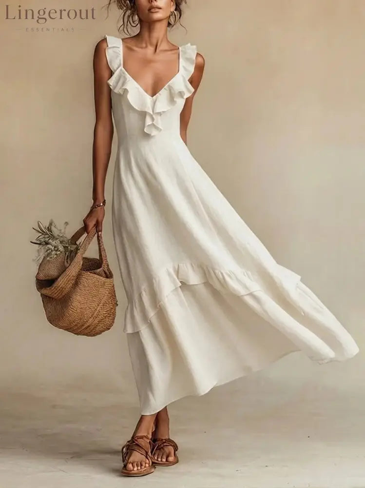 Ruffled Linen Blend Maxi Dress - White / S