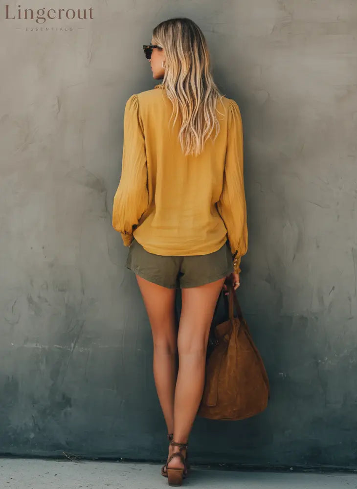 Ruffled V-Neck Billow Blouse in Ochre