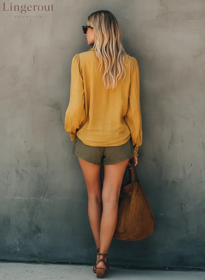 Ruffled V-Neck Billow Blouse in Ochre