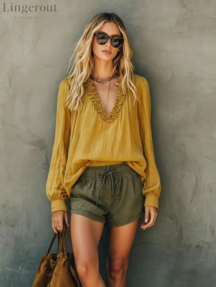 Ruffled V-Neck Billow Blouse in Ochre - Yellow / S