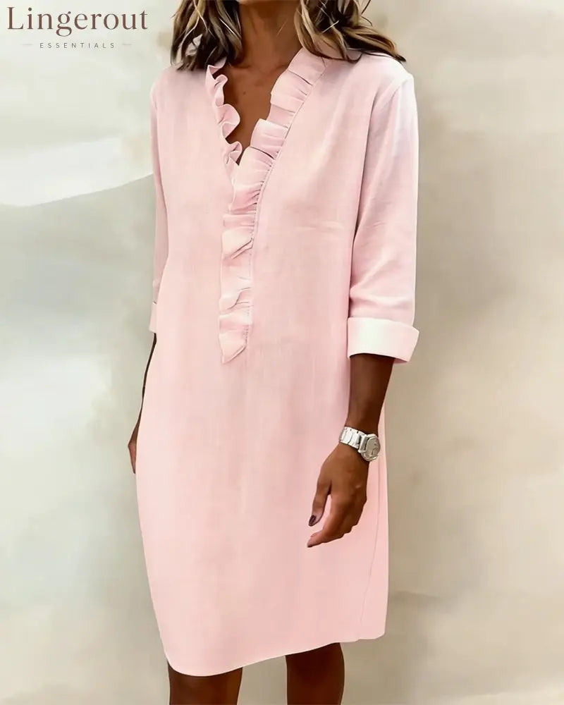 Ruffled V-Neck Solid Color Dress