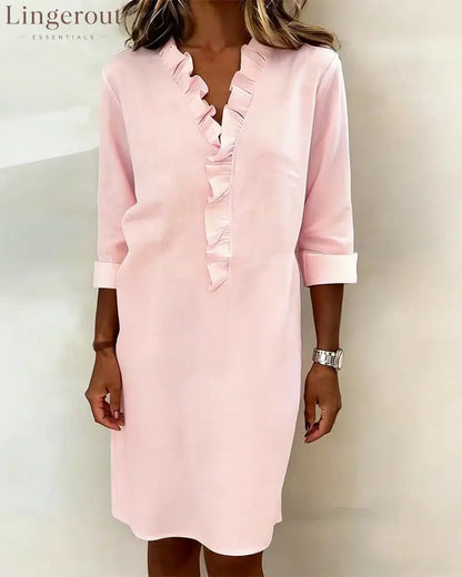 Ruffled V-Neck Solid Color Dress