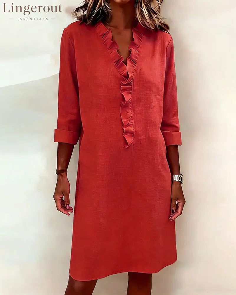 Ruffled V-Neck Solid Color Dress - Red / S