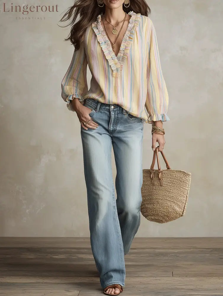 Ruffled V-Neck Striped Blouse - Color / S