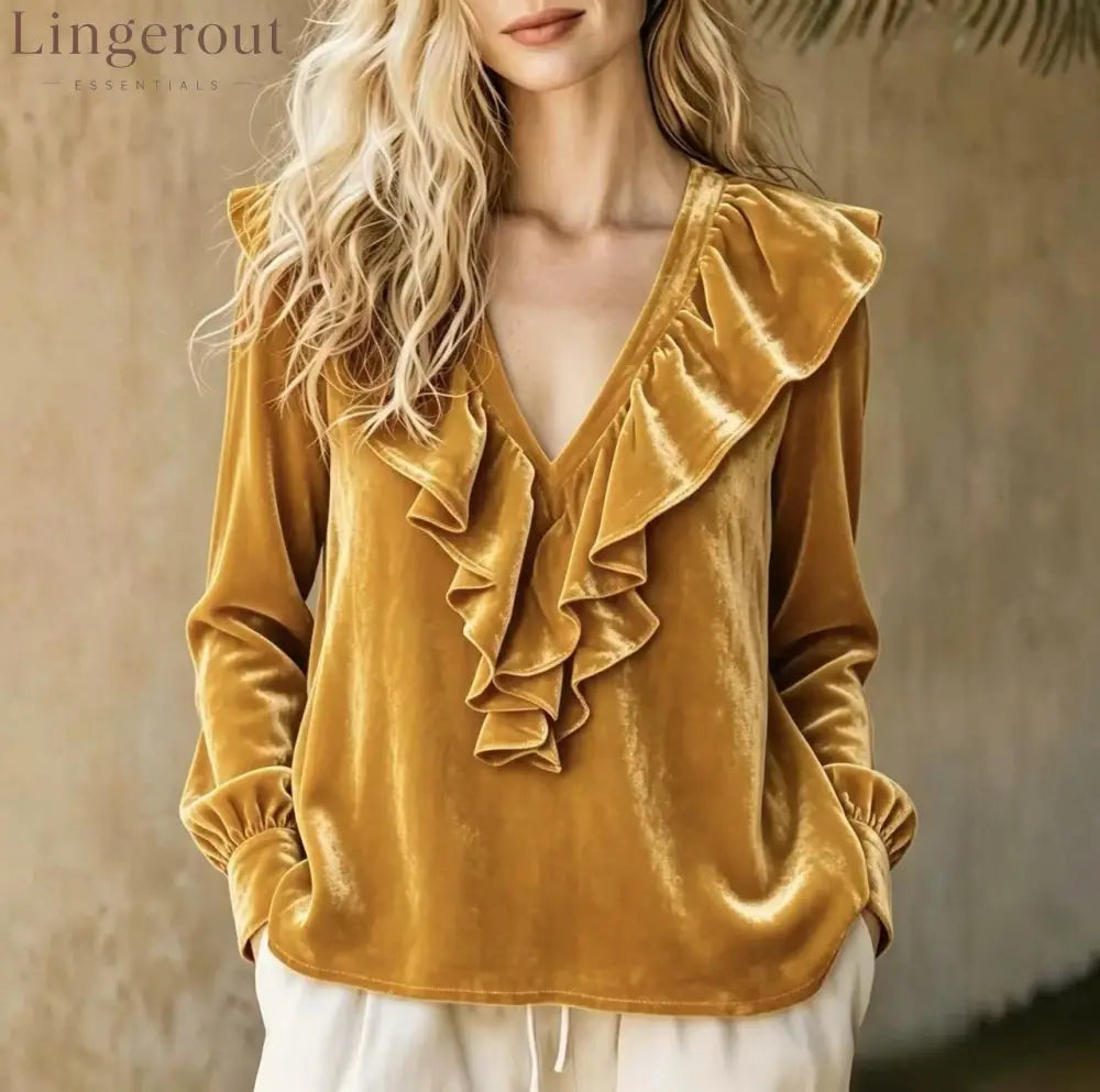 Ruffled V-Neck Velvet Long Sleeve Blouse - Gold / S