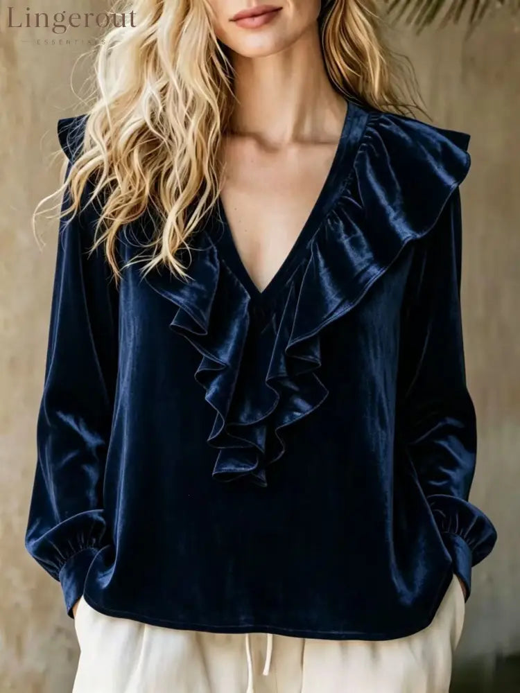 Ruffled V-Neck Velvet Long Sleeve Blouse - Navy blue / S