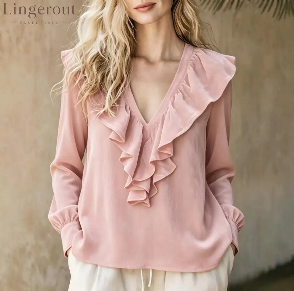 Ruffled V-Neck Velvet Long Sleeve Blouse - Pink / S