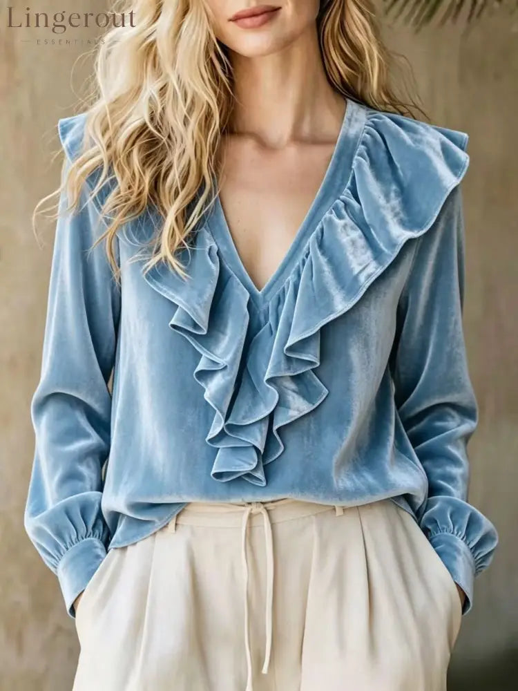 Ruffled V-Neck Velvet Long Sleeve Blouse - Sky blue / S