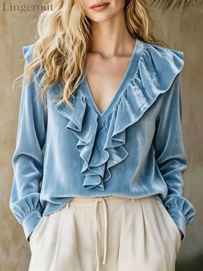 Ruffled V-Neck Velvet Long Sleeve Blouse - Sky blue / S