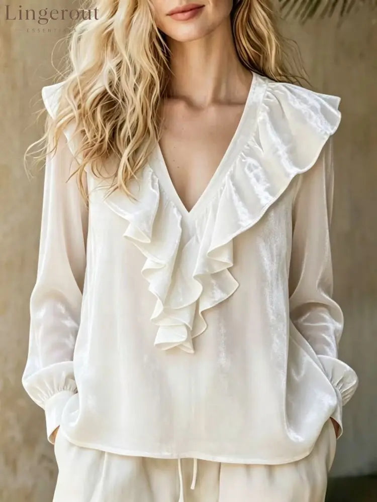 Ruffled V-Neck Velvet Long Sleeve Blouse - White / S