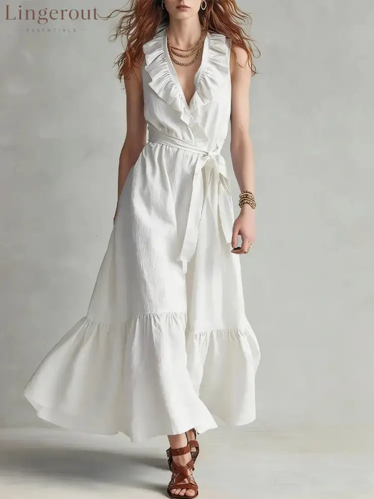 🌿 Ruffled V-Neck Wrap Maxi Dress - White / S