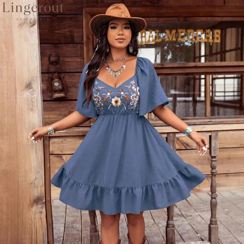 Rust Floral Embroidered Tiered Dress