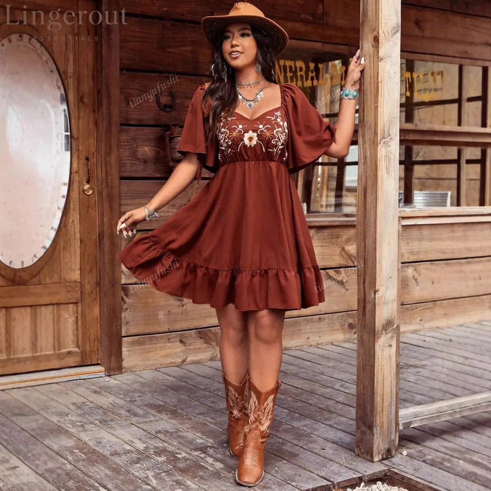 Rust Floral Embroidered Tiered Dress