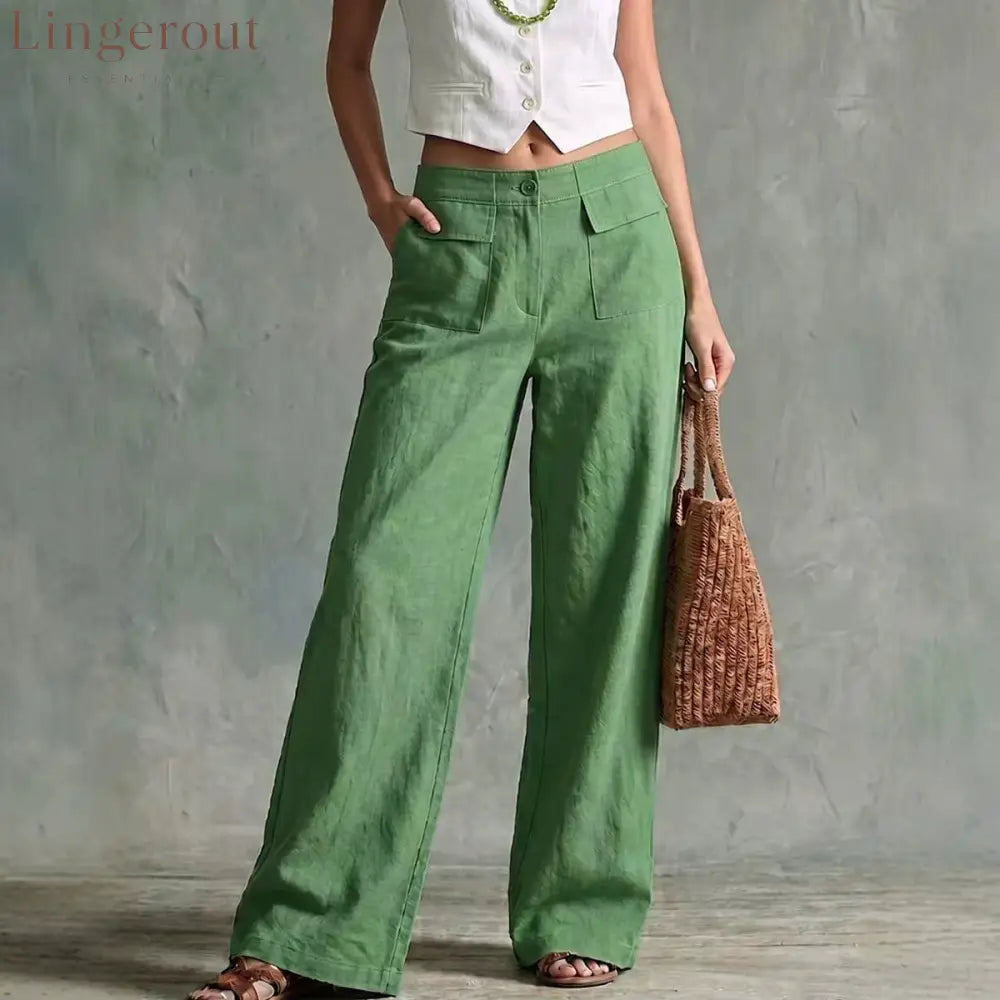Sage Linen High Waist Patch Pocket Wide Leg Trousers