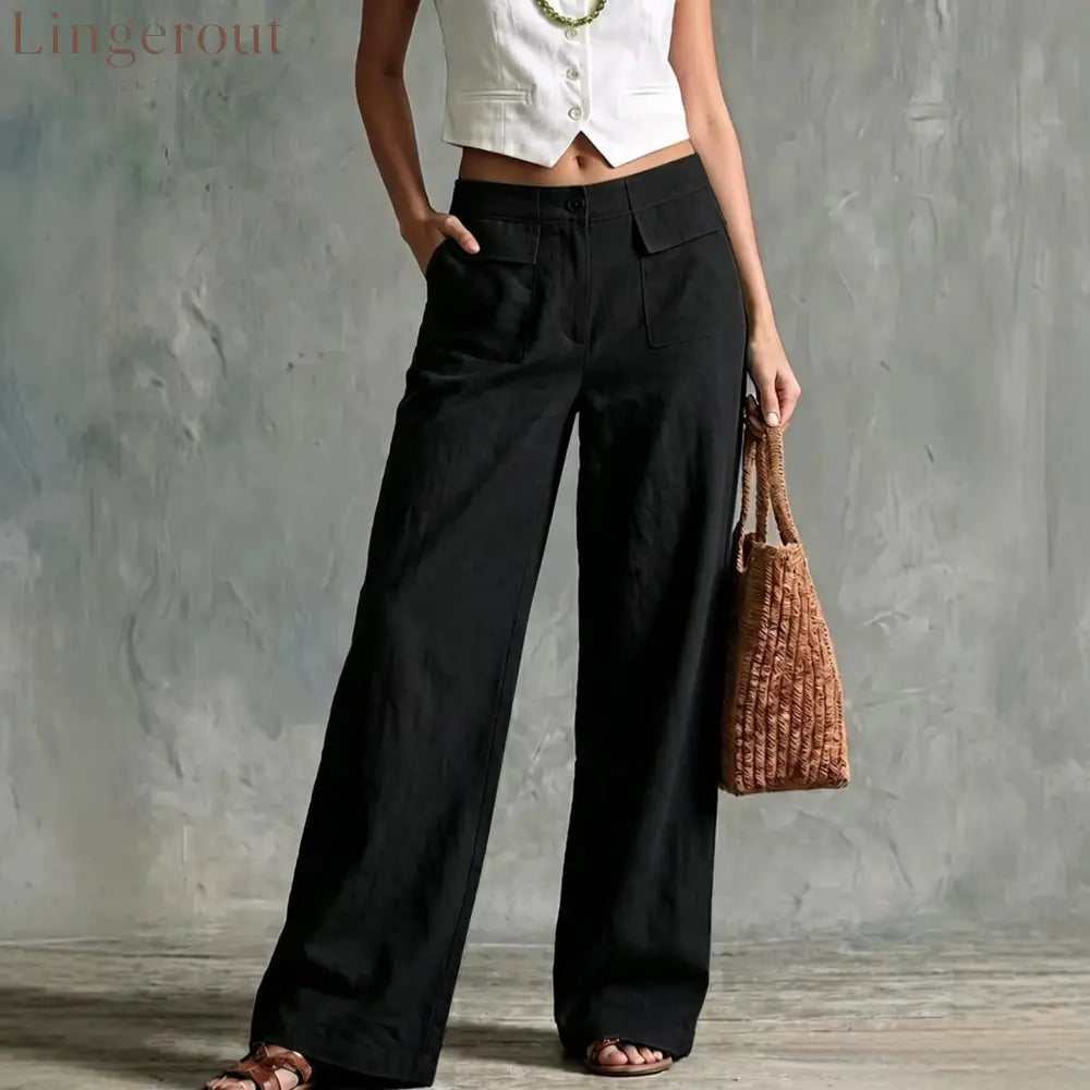 Sage Linen High Waist Patch Pocket Wide Leg Trousers - Black / S