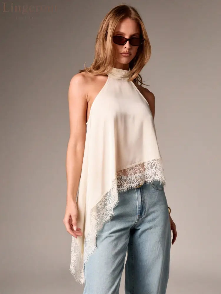 Satin Halter Asymmetrical Lace Hem Cami Top - Apricot / S