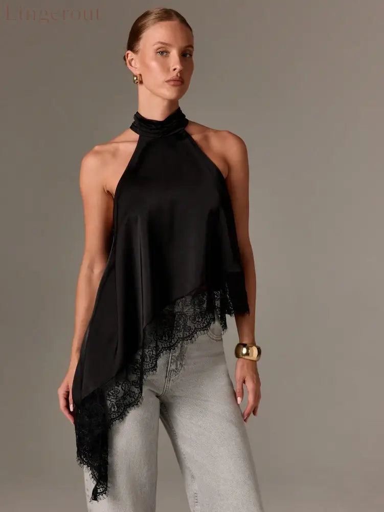 Satin Halter Asymmetrical Lace Hem Cami Top - Black / S