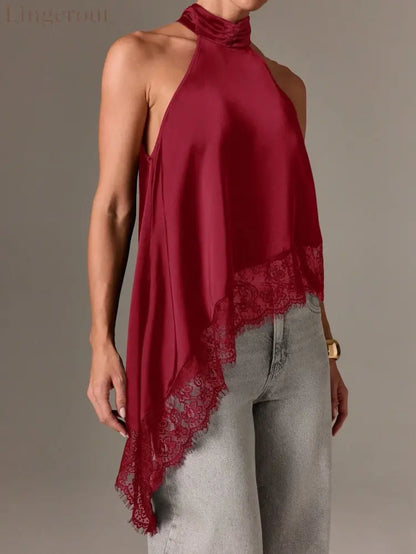 Satin Halter Asymmetrical Lace Hem Cami Top - Red / S