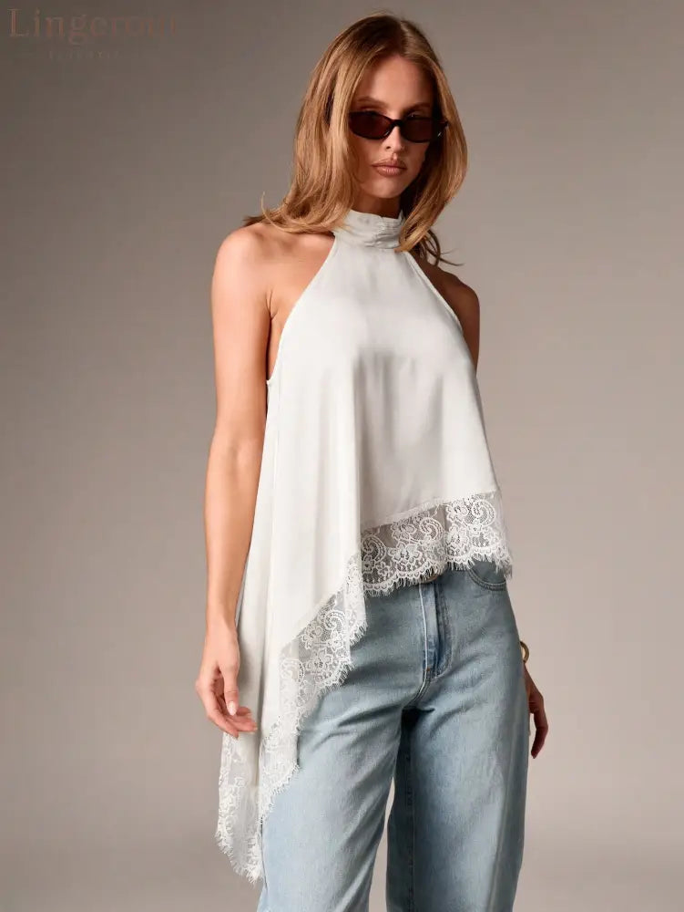 Satin Halter Asymmetrical Lace Hem Cami Top - White / S