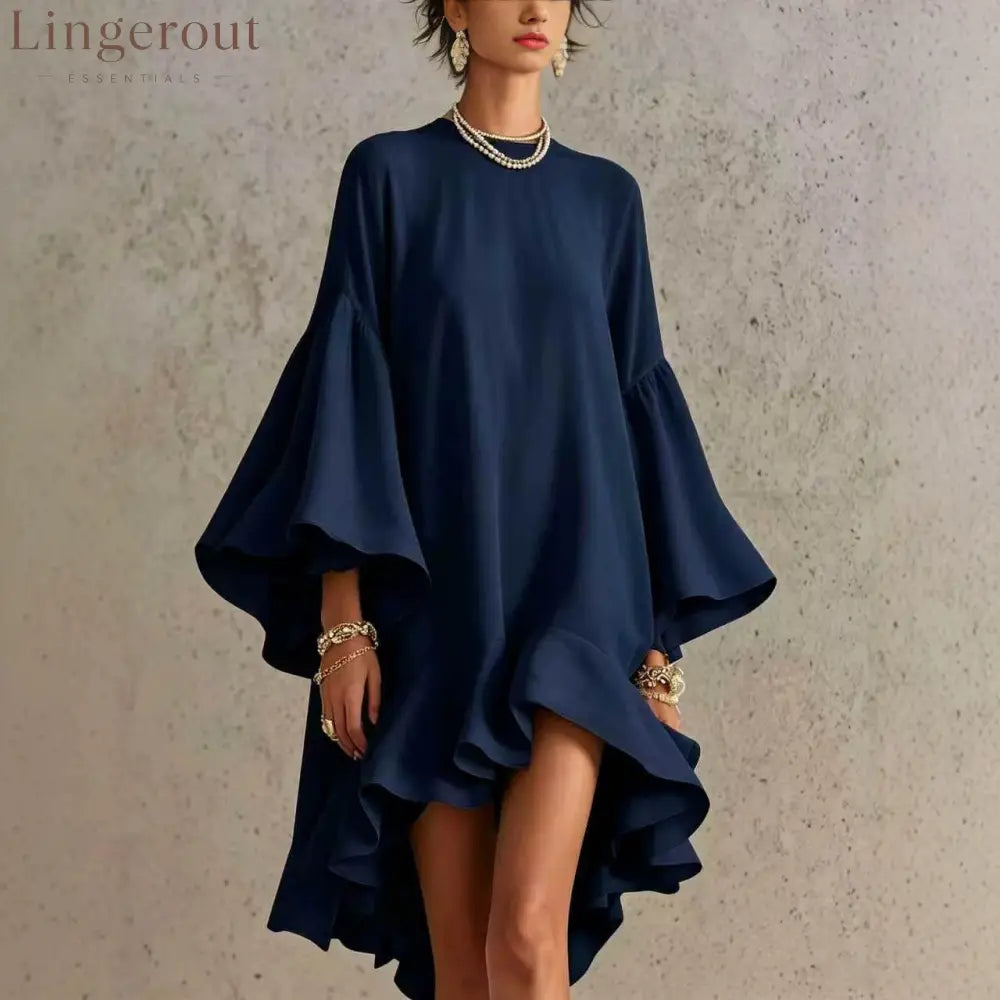 Satin Round Neck Oversized Bell Sleeve High Low Ruffle Mini Tunic Dress