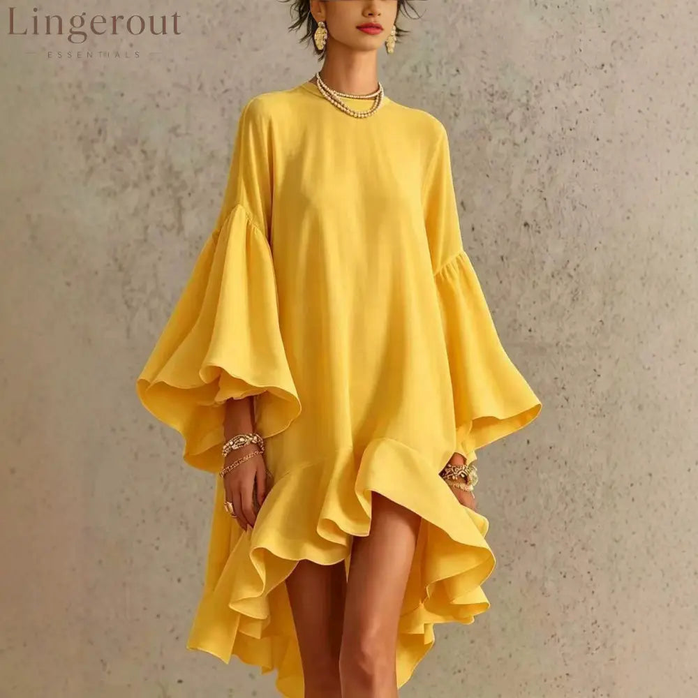 Satin Round Neck Oversized Bell Sleeve High Low Ruffle Mini Tunic Dress