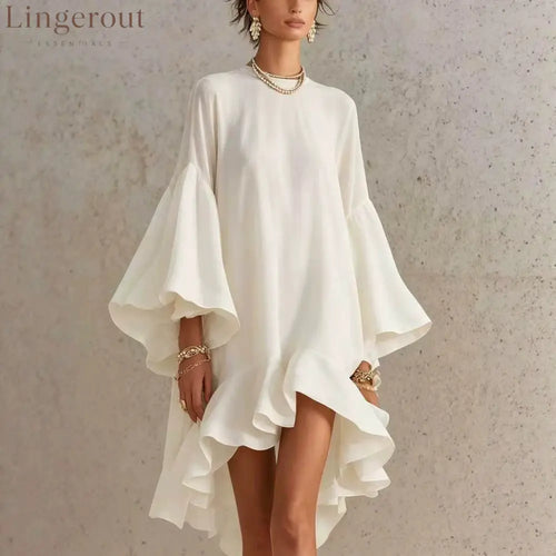 Satin Round Neck Oversized Bell Sleeve High Low Ruffle Mini Tunic Dress