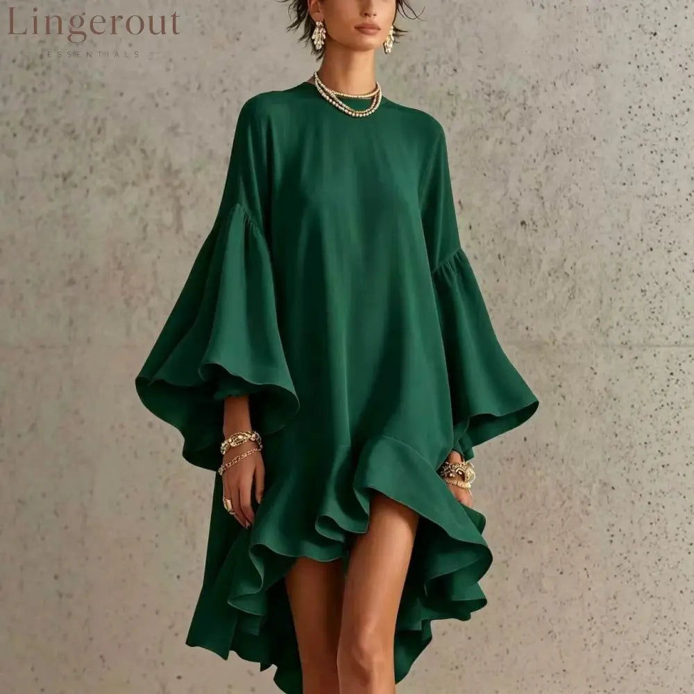 Satin Round Neck Oversized Bell Sleeve High Low Ruffle Mini Tunic Dress