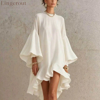 Satin Round Neck Oversized Bell Sleeve High Low Ruffle Mini Tunic Dress - White / XS