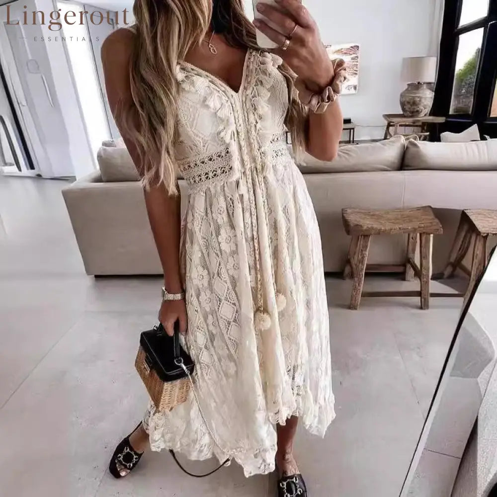Scalloped Lace Spaghetti Strap High Low Flowy Maxi Dress