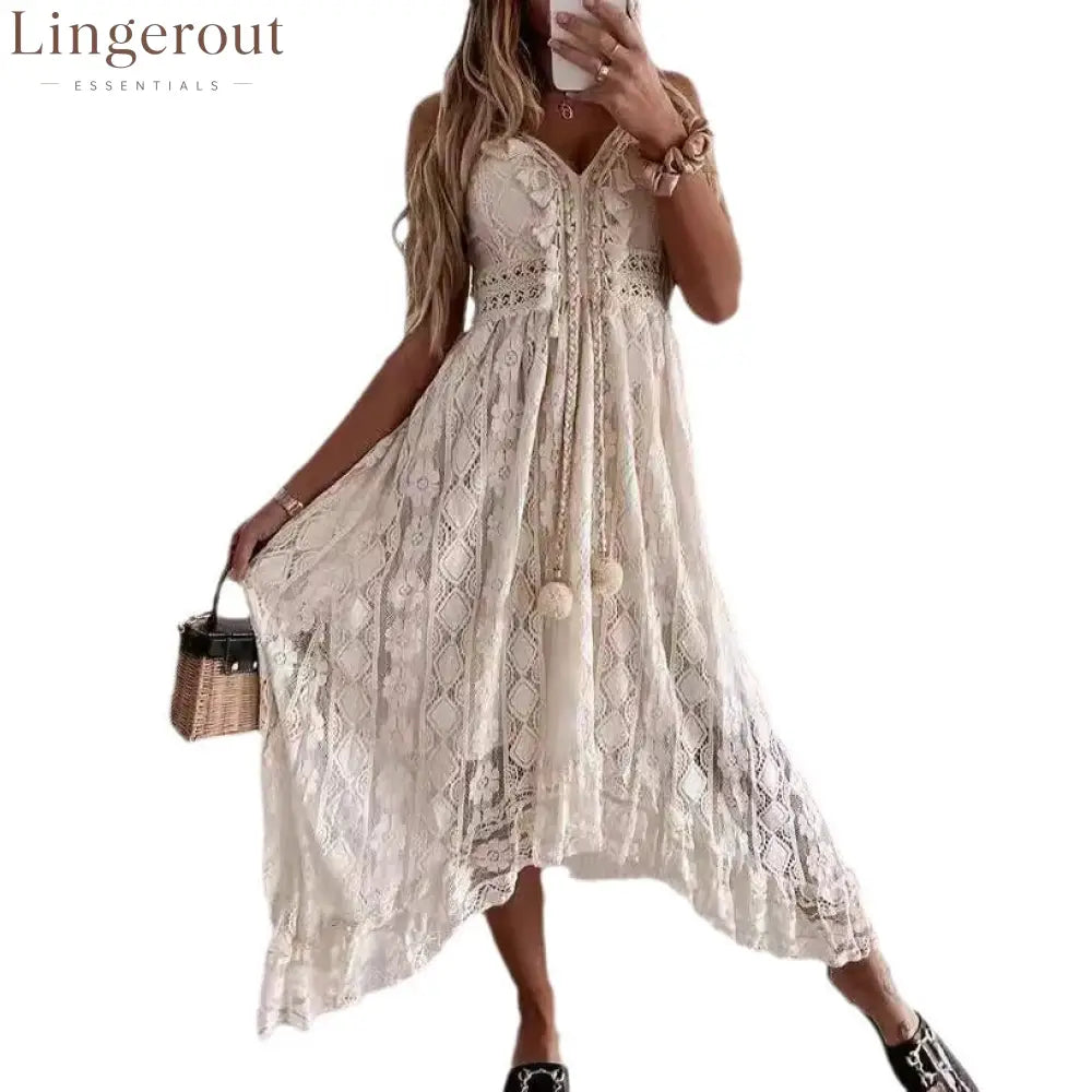 Scalloped Lace Spaghetti Strap High Low Flowy Maxi Dress