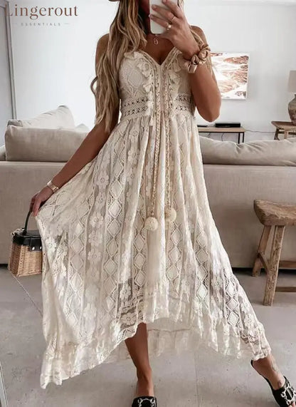 Scalloped Lace Spaghetti Strap High Low Flowy Maxi Dress - Apricot / XS
