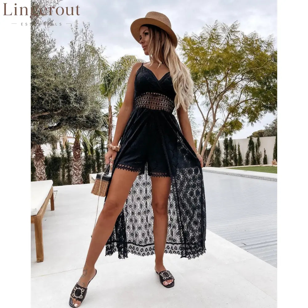 Scalloped Lace Spaghetti Strap High Low Flowy Maxi Dress - Black / XS