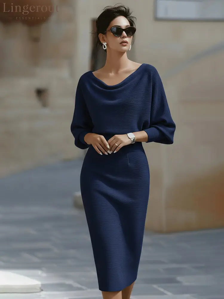 Sculpted Elegance Midi Dress - Navy Blue / S