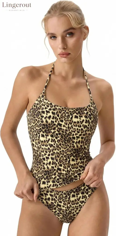 Self Tie Halter Neck Basic Shirts for Womens Double Lined Slimming Fit Going Out Sleeveless Tops - Small / Leopard Print