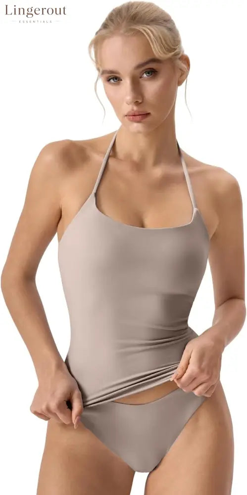 Self Tie Halter Neck Basic Shirts for Womens Double Lined Slimming Fit Going Out Sleeveless Tops - X-Large / Mushroom
