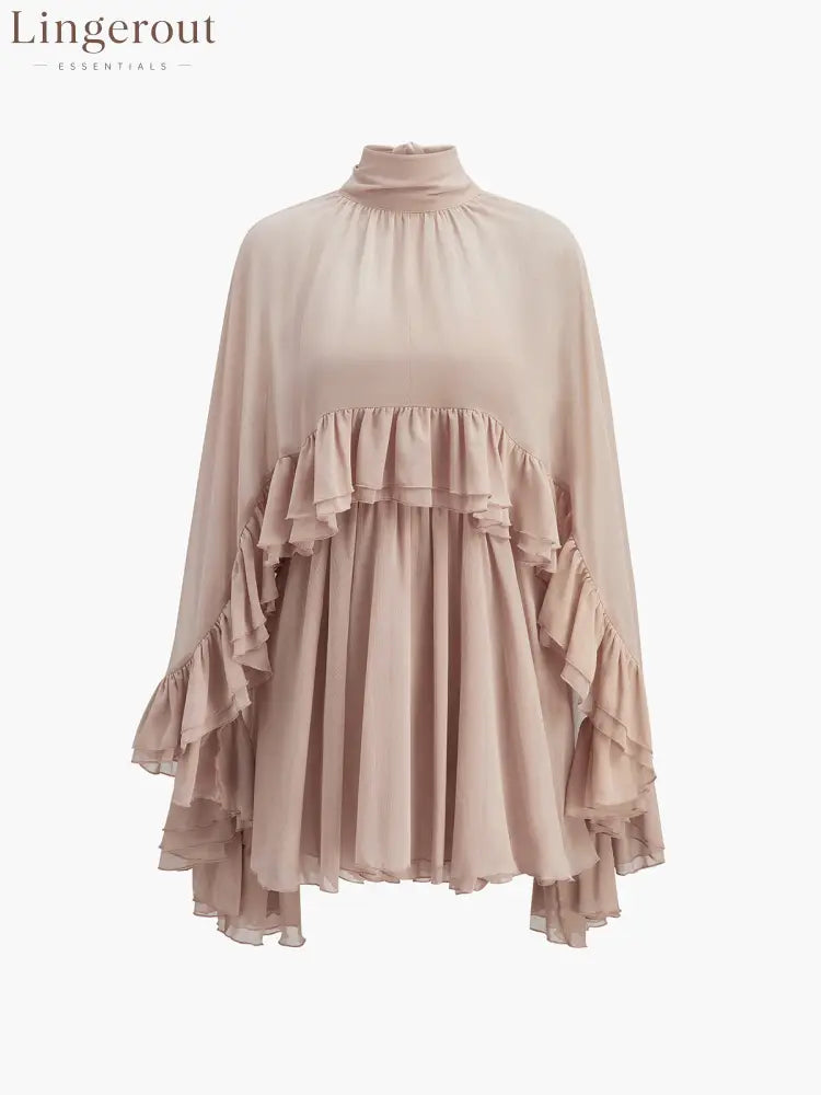 Semi-Sheer Chiffon Ruffle Dress With Outer Cape